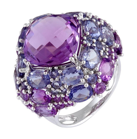 0.06 Ctw Diamond 14k White Gold Amethyst Iolite Round Shape Womens Gemstone Ring