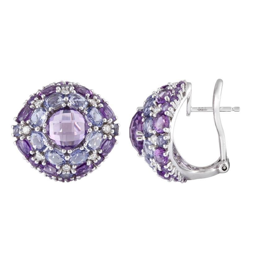 0.27 Ctw Diamond 14k White Gold Amethyst Iolite Round Shape Womens Gemstone Earrings