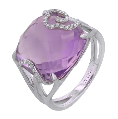 0.1 Ctw Diamond 14k White Gold Amethyst Round Shape Womens Gemstone Ring