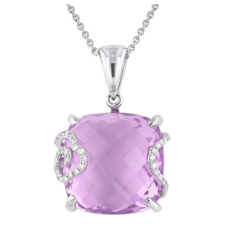 0.1 Ctw Diamond 14k White Gold Amethyst Round Shape Womens Gemstone Necklace Pendant With 16 Inch Chain