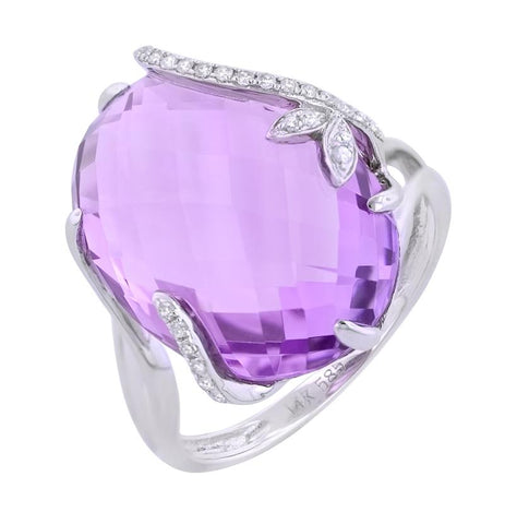 0.09 Ctw Diamond 14k White Gold Amethyst Round Shape Womens Gemstone Ring