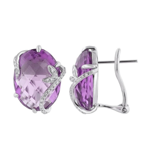 0.18 Ctw Diamond 14k White Gold Amethyst Round Shape Womens Gemstone Earrings