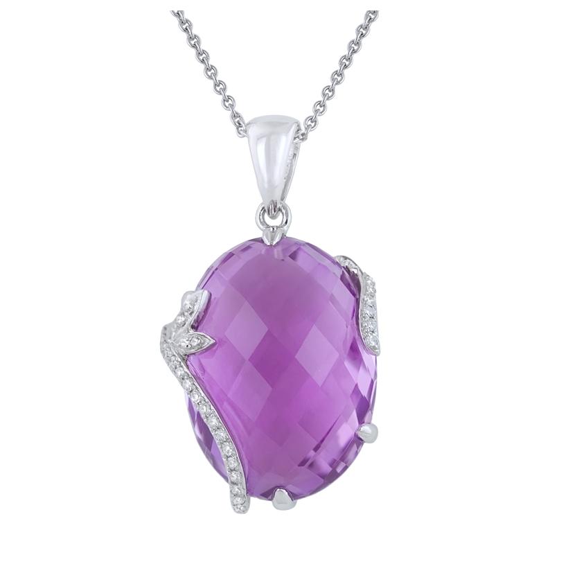 0.09 Ctw Diamond 14k White Gold Amethyst Round Shape Womens Gemstone Necklace Pendant With 16 Inch Chain