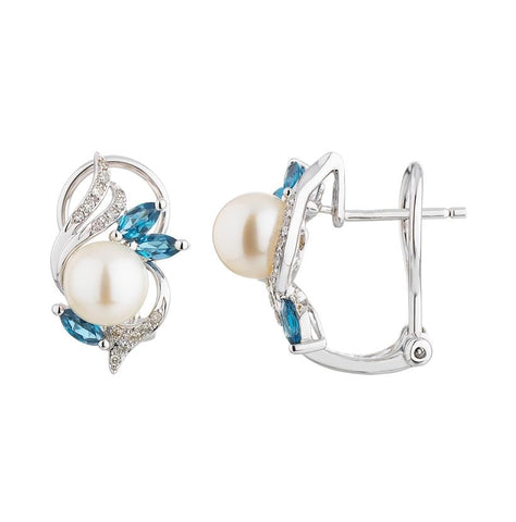 0.1 Ctw Diamond 14k White Gold Topaz Pearl Earrings