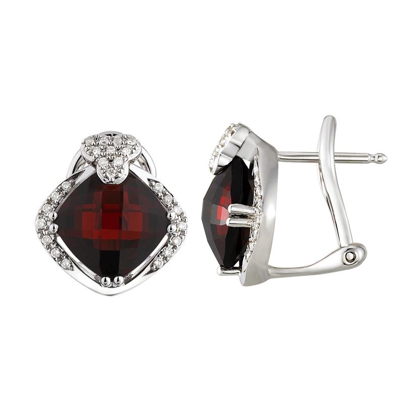 0.15 Ctw Diamond 14k White Gold Garnet Round Shape Womens Gemstone Earrings