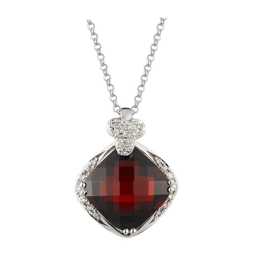 0.1 Ctw Diamond 14k White Gold Garnet Round Shape Womens Gemstone Necklace Pendant With 16 Inch Chain