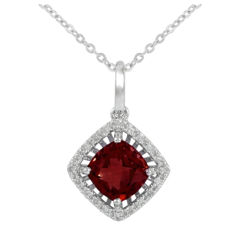 0.11 Ctw Diamond 14k White Gold Garnet Round Shape Womens Gemstone Necklace Pendant With 16 Inch Chain