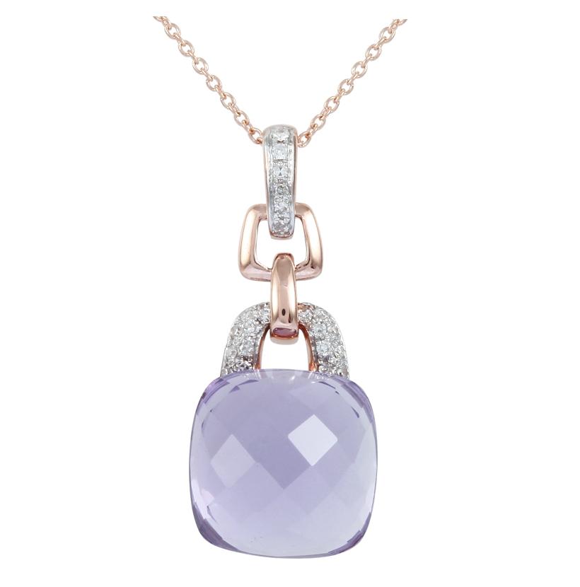 0.06 Ctw Diamond 14k Rose Gold Amethyst Round Shape Womens Gemstone Necklace Pendant With 16 Inch Chain