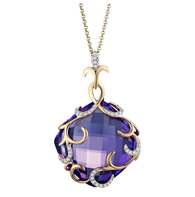 0.16 Ctw Diamond 14k Rose Gold Amethyst Round Shape Womens Gemstone Necklace Pendant With 16 Inch Chain