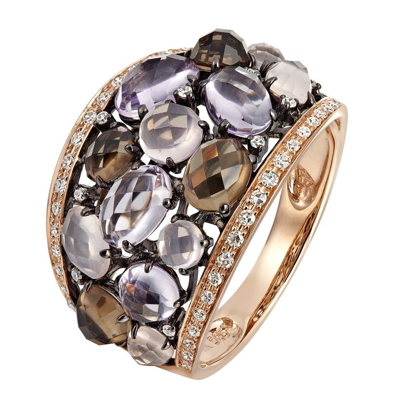0.2 Ctw Diamond 14k Rose Gold Amethyst Topaz Quartz Round Shape Womens Gemstone Ring