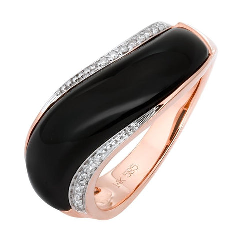 0.07 Ctw Diamond 14k Rose Gold Onyx Round Shape Womens Gemstone Ring