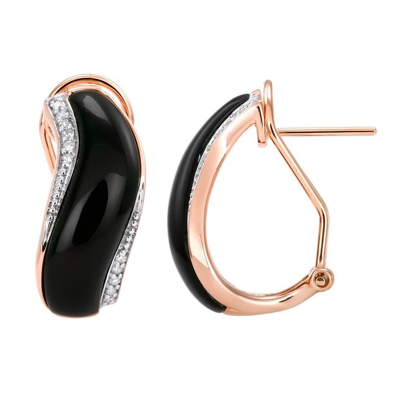 0.09 Ctw Diamond 14k Rose Gold Onyx Round Shape Womens Gemstone Earrings