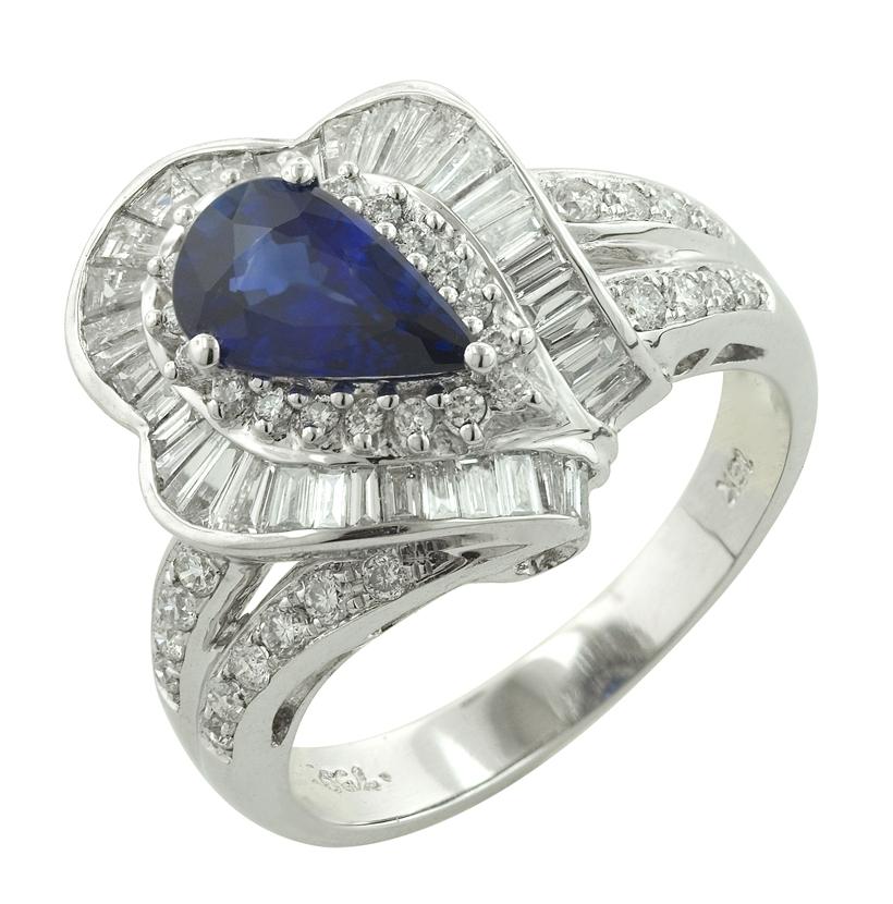 1.05 Ctw Diamond 18k White Gold Sapphire Round Tap Baguette Shape Womens Gemstone Ring