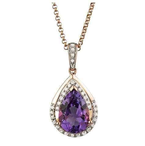 0.14 Ctw Diamond 14k Rose Gold Amethyst Round Shape Womens Gemstone Necklace Pendant With 16 Inch Chain