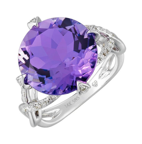 0.24 Ctw Diamond 14k White Gold Amethyst Round Shape Womens Gemstone Ring