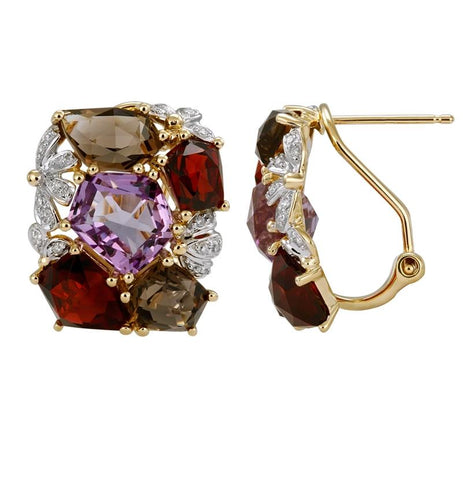 0.15 Ctw Diamond 14k Yellow Gold Amethyst Multi-color Round Shape Womens Gemstone Earrings