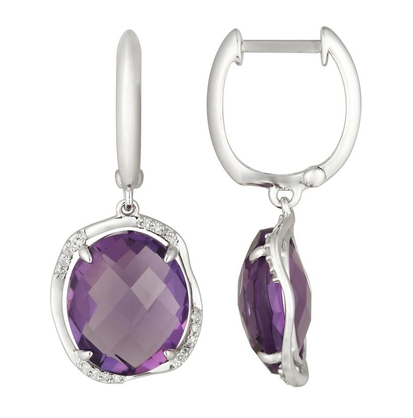 0.11 Ctw Diamond 14k White Gold Amethyst Round Shape Womens Gemstone Earrings