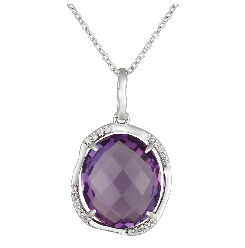 0.07 Ctw Diamond 14k White Gold Amethyst Round Shape Womens Gemstone Necklace Pendant With 16 Inch Chain