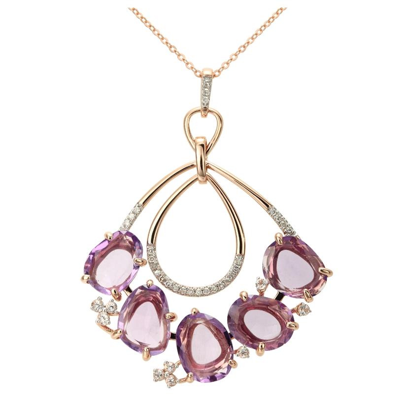 0.13 Ctw Diamond 14k Rose Gold Amethyst Topaz Round Shape Womens Gemstone Necklace Pendant With 16 Inch Chain