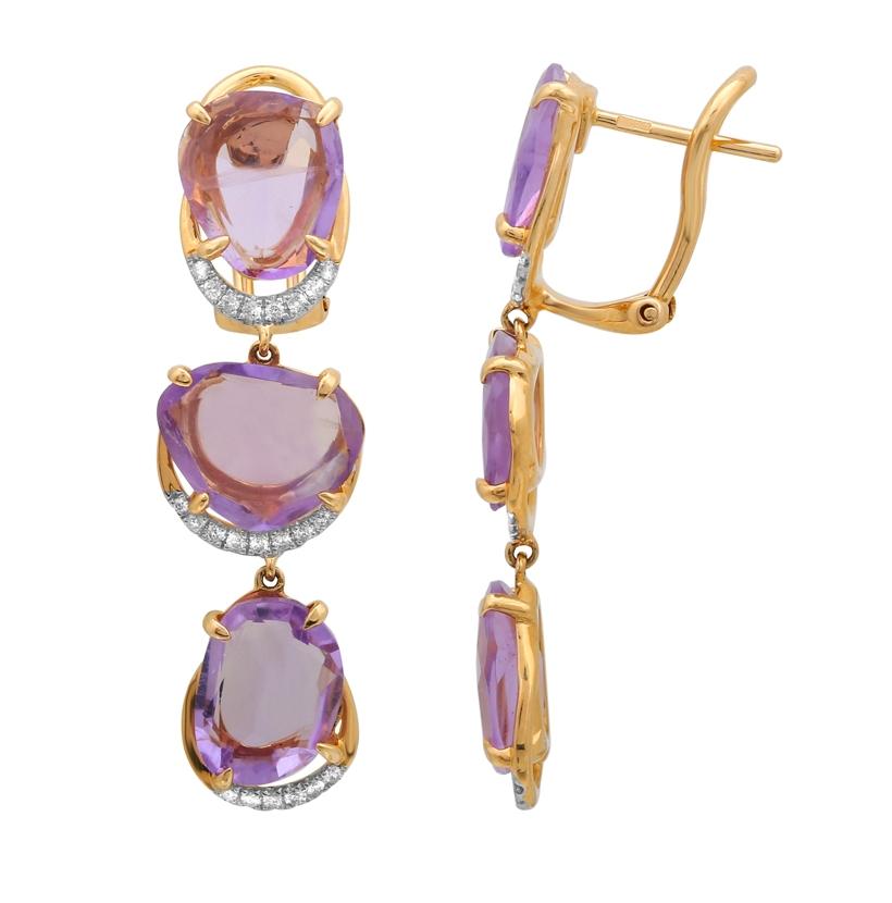 0.23 Ctw Diamond 14k Yellow Gold Amethyst Round Shape Womens Gemstone Earrings