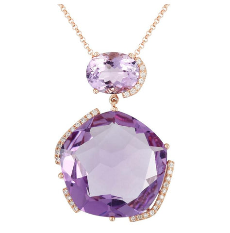 0.15 Ctw Diamond 14k Rose Gold Amethyst Round Shape Womens Gemstone Necklace Pendant With 16 Inch Chain