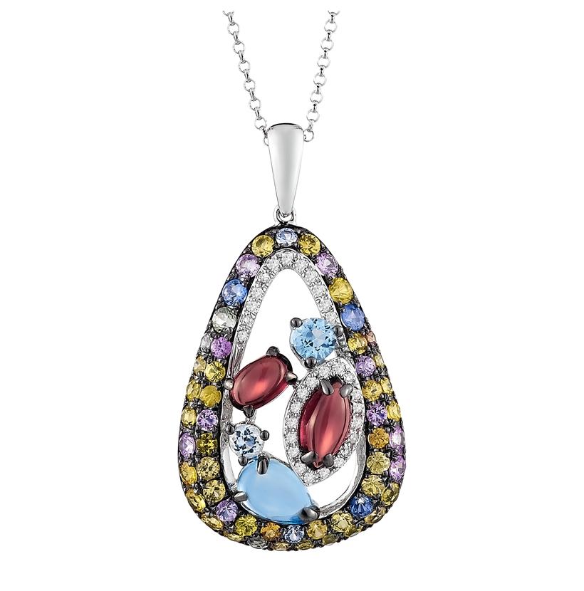 0.1 Ctw Diamond 14k White Gold Multi-color Sapphire Round Shape Womens Gemstone Necklace Pendant With 16 Inch Chain