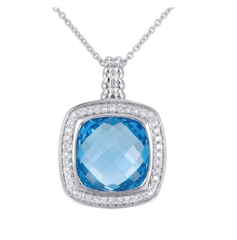 0.12 Ctw Diamond 14k White Gold Topaz Round Shape Womens Gemstone Necklace Pendant With 16 Inch Chain