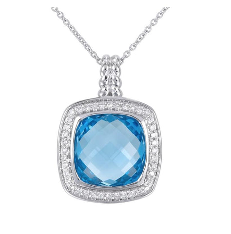 0.12 Ctw Diamond 14k White Gold Topaz Round Shape Womens Gemstone Necklace Pendant With 16 Inch Chain