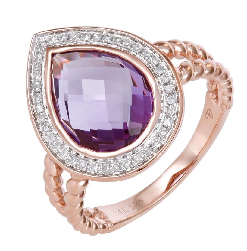 0.12 Ctw Diamond 14k Rose Gold Amethyst Round Shape Womens Gemstone Ring