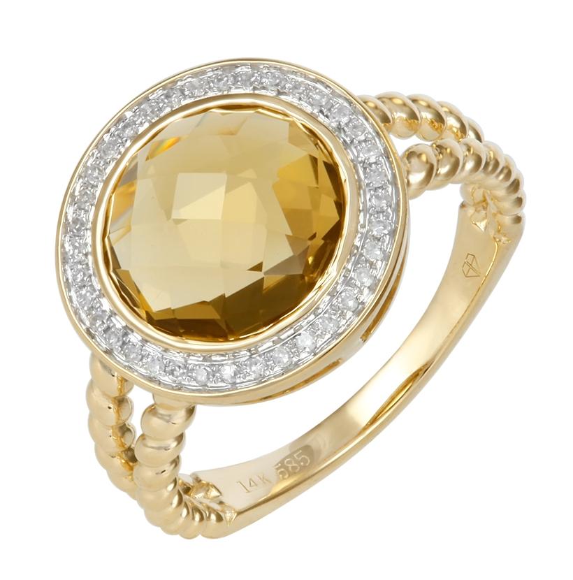0.13 Ctw Diamond 14k Yellow Gold Quartz Round Shape Womens Gemstone Ring