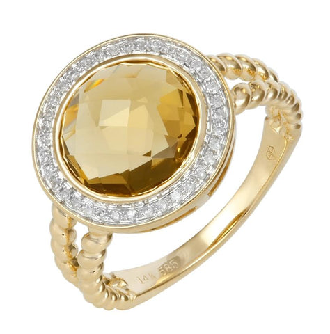 0.13 Ctw Diamond 14k Yellow Gold Quartz Round Shape Womens Gemstone Ring