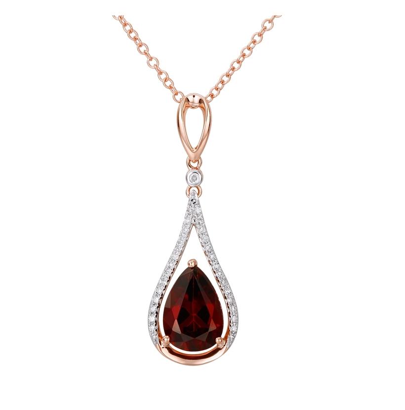 0.13 Ctw Diamond 14k Rose Gold Garnet Round Shape Womens Gemstone Necklace Pendant With 16 Inch Chain