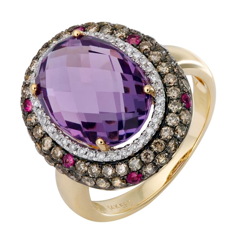 1.0 Ctw Diamond 14k Yellow Gold Amethyst Sapphire Round Shape Womens Gemstone Ring