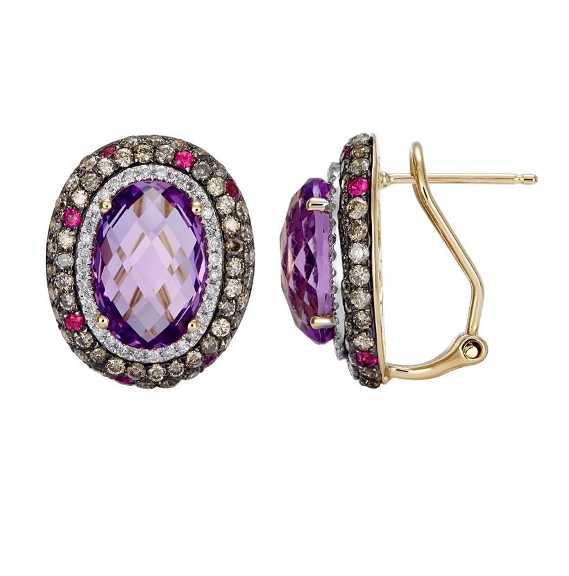 1.7 Ctw Diamond 14k Yellow Gold Amethyst Sapphire Round Shape Womens Gemstone Earrings