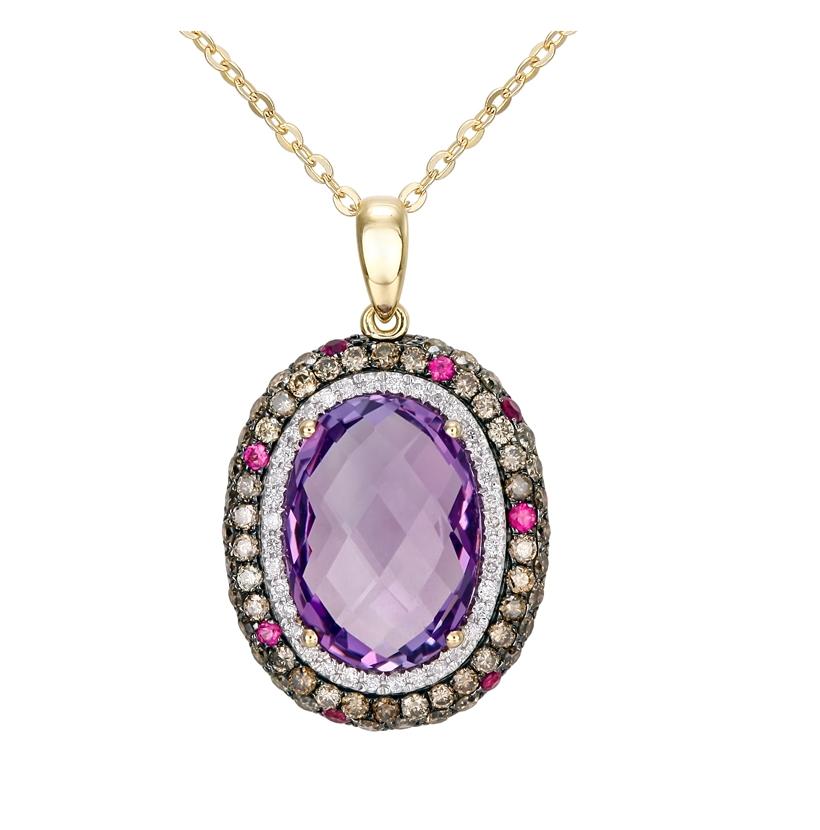 0.96 Ctw Diamond 14k Yellow Gold Amethyst Sapphire Round Shape Womens Gemstone Necklace Pendant With 16 Inch Chain