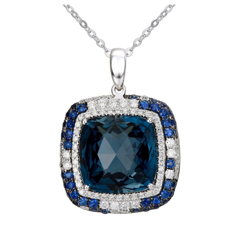 0.53 Ctw Diamond 14k White Gold Sapphire Topaz Round Shape Womens Gemstone Necklace Pendant With 16 Inch Chain