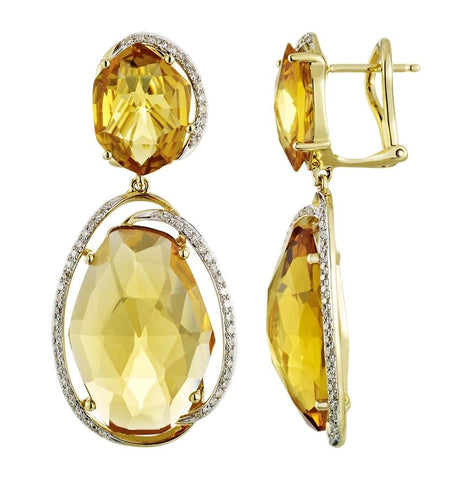 0.35 Ctw Diamond 14k Yellow Gold Citrine Round Shape Womens Gemstone Earrings