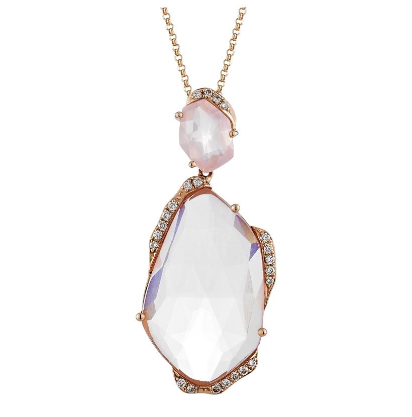 0.18 Ctw Diamond 14k Rose Gold Quartz Round Shape Womens Gemstone Necklace Pendant With 16 Inch Chain