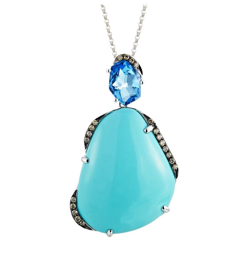 0.17 Ctw Diamond 14k White Gold Turquoise Topaz Round Shape Womens Gemstone Necklace Pendant With 16 Inch Chain