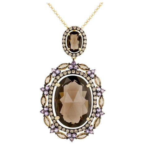 0.51 Ctw Diamond 14k Yellow Gold Amethyst Topaz Round Shape Womens Gemstone Necklace Pendant With 16 Inch Chain