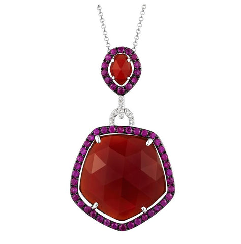 0.06 Ctw Diamond 14k White Gold Ruby Agate Round Shape Womens Gemstone Necklace Pendant With 16 Inch Chain