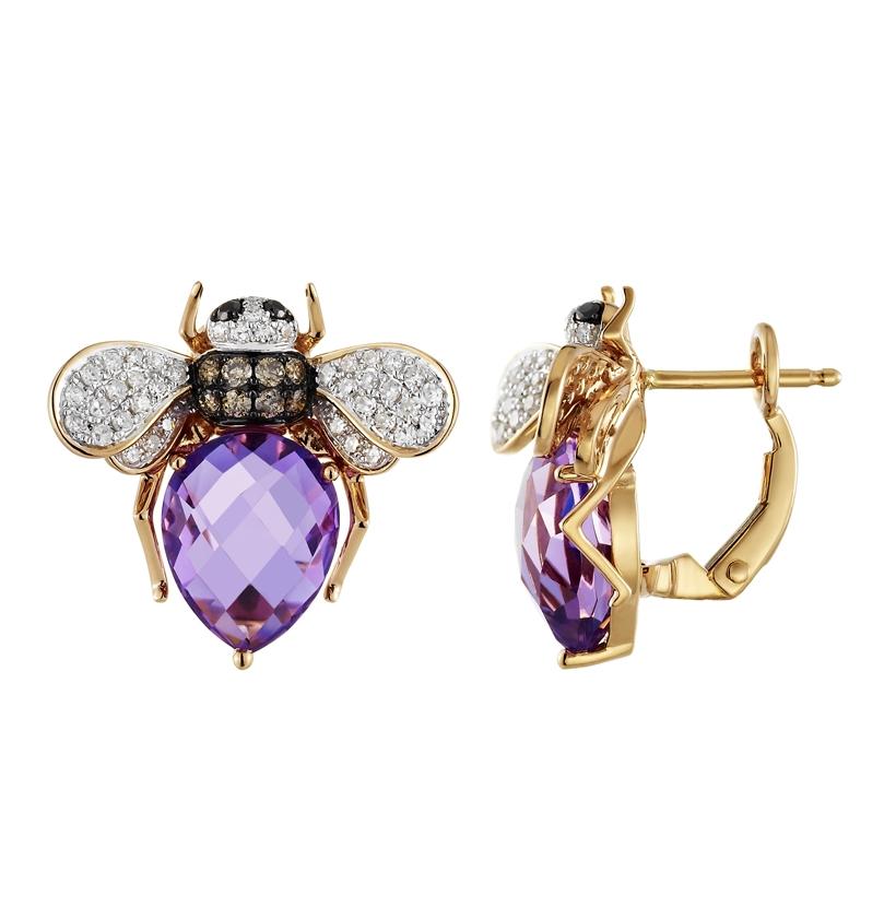 0.54 Ctw Diamond 14k Rose Gold Amethyst Round Shape Womens Gemstone Earrings