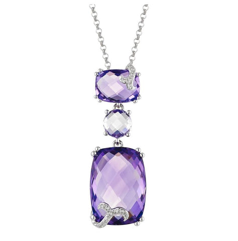 0.05 Ctw Diamond 14k White Gold Amethyst Round Shape Womens Gemstone Necklace Pendant With 16 Inch Chain