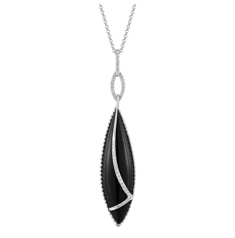 0.14 Ctw Diamond 14k White Gold Onyx Round Shape Womens Gemstone Necklace Pendant With 16 Inch Chain