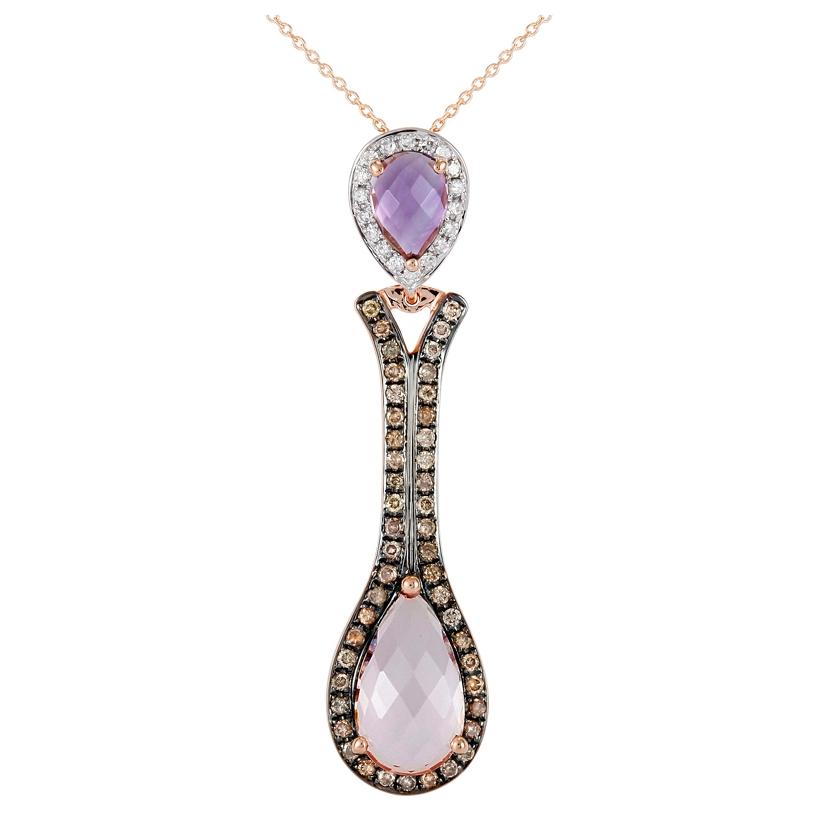 0.48 Ctw Diamond 14k Rose Gold Amethyst Quartz Round Shape Womens Gemstone Necklace Pendant With 16 Inch Chain