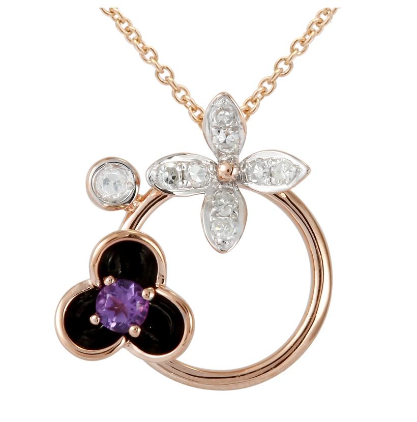 0.09 Ctw Diamond 14k Rose Gold Amethyst Round Shape Womens Gemstone Necklace Pendant With 16 Inch Chain