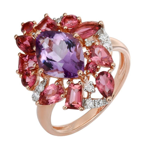 0.12 Ctw Diamond 14k Rose Gold Tourmaline Amethyst Round Shape Womens Gemstone Ring