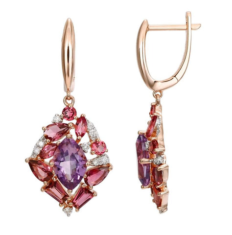 0.17 Ctw Diamond 14k Rose Gold Tourmaline Amethyst Round Shape Womens Gemstone Earrings