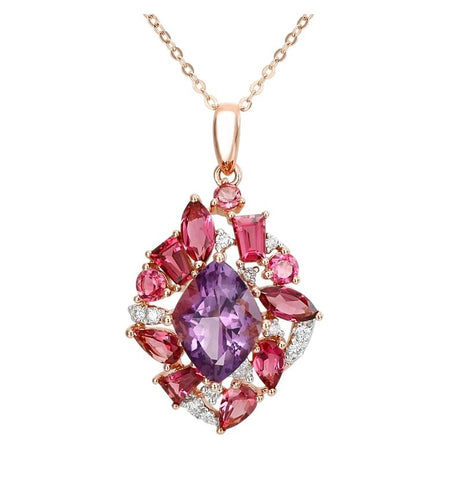 0.16 Ctw Diamond 14k Rose Gold Tourmaline Amethyst Round Shape Womens Gemstone Necklace Pendant With 16 Inch Chain