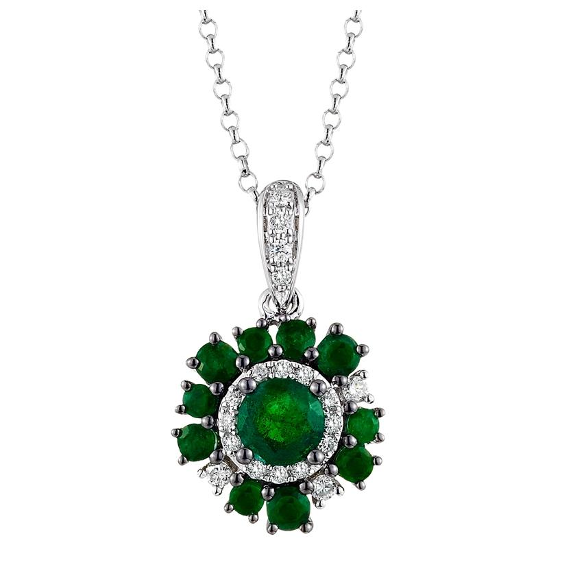 0.08 Ctw Diamond 14k White Gold Emerald Round Shape Womens Gemstone Necklace Pendant With 16 Inch Chain